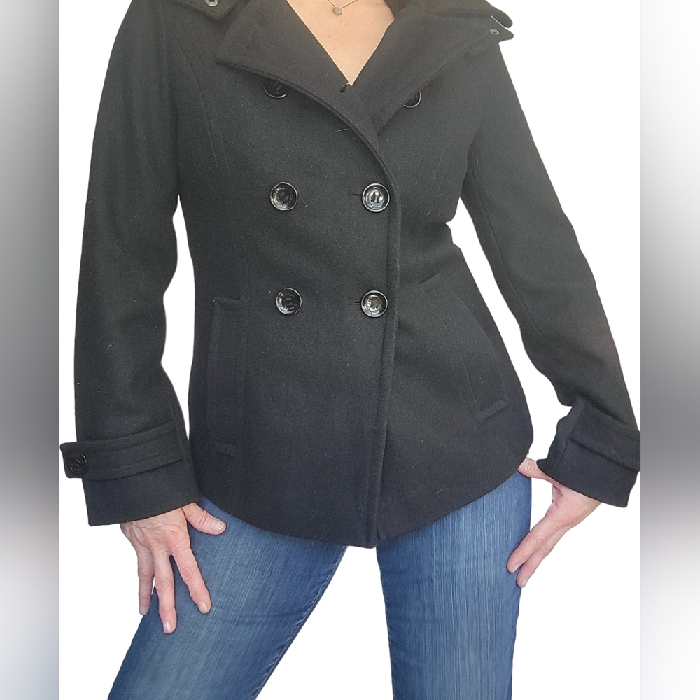 *SOLD* Calvin Klein Dbl Breasted Hooded Woolbelnd Peacoat W/ Prpl Lining size 6